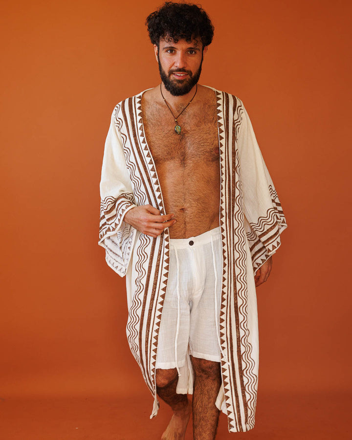 קימונו מקסי, כותנה רכה לבנה ושבטית, שרוול ארוך, בהדפס חותמות עץ ידני לגבר