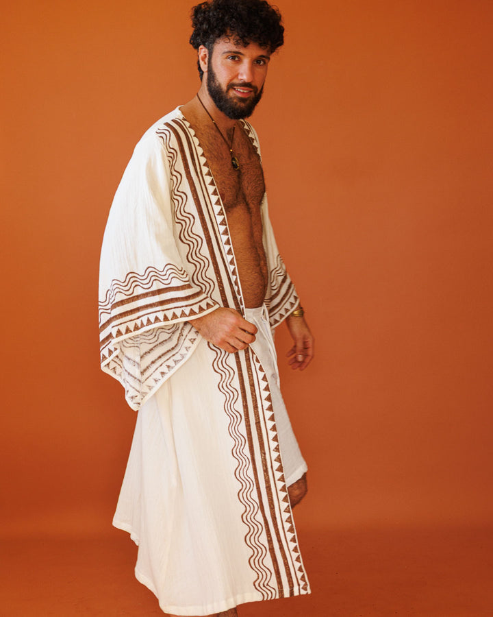 קימונו מקסי, כותנה רכה לבנה ושבטית, שרוול ארוך, בהדפס חותמות עץ ידני לגבר