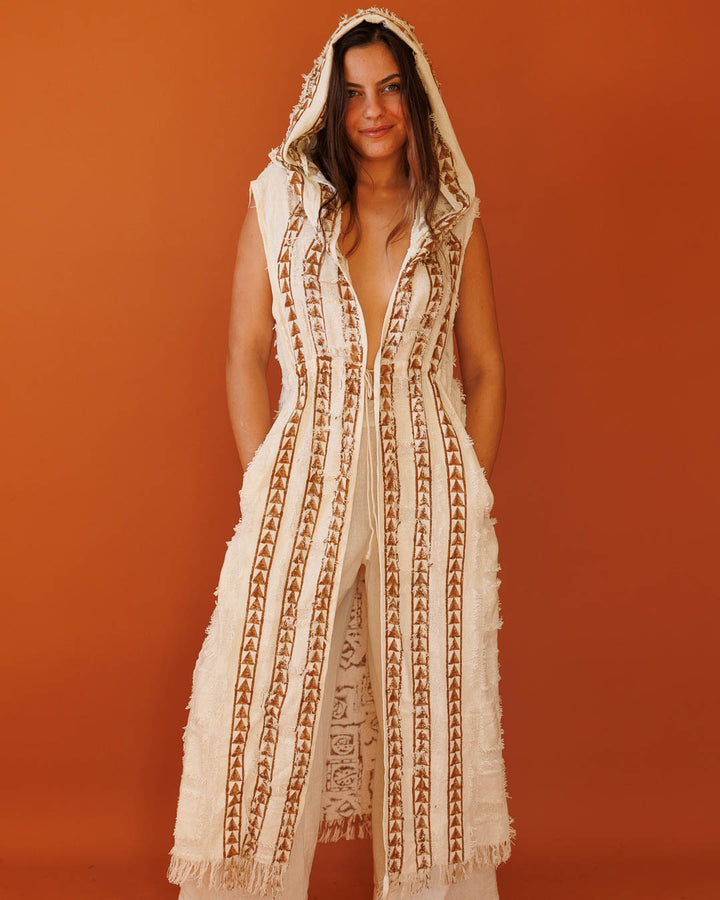 וסט/ קימונו כותנה, ללא שרוול, עם קפוצון, בהדפס חותמות עץ ידני לאישה