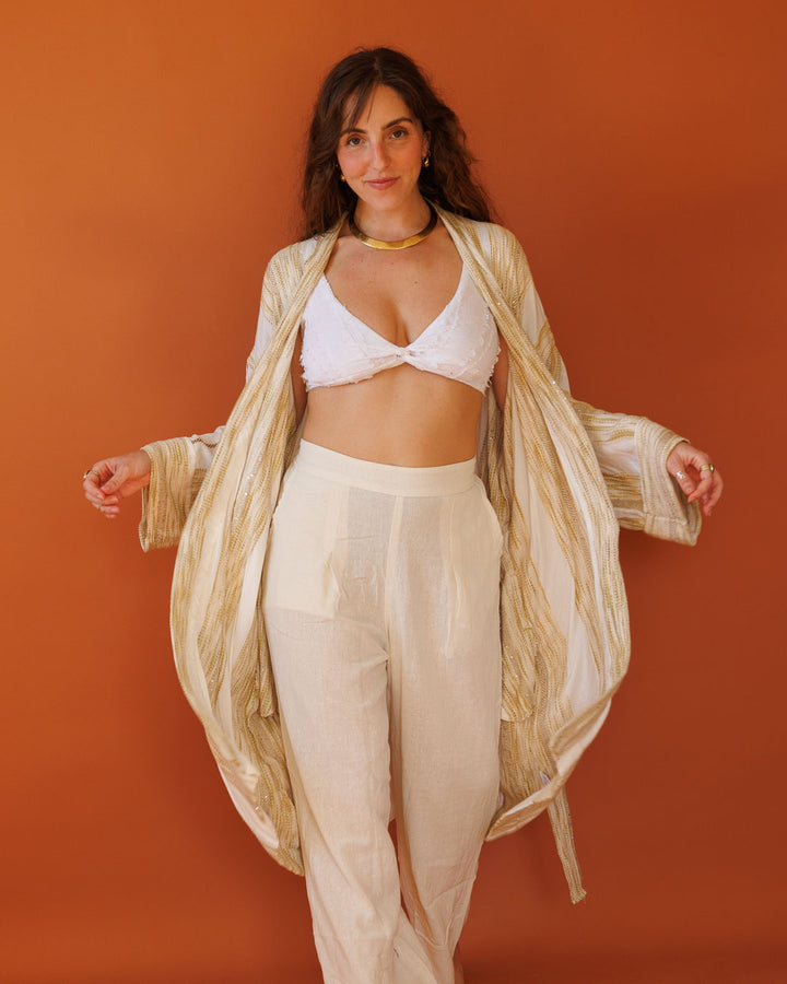 קימונו מקסי, שרוול ארוך, כותנה בצבעים מדברים ומעט ניצוץ לאישה