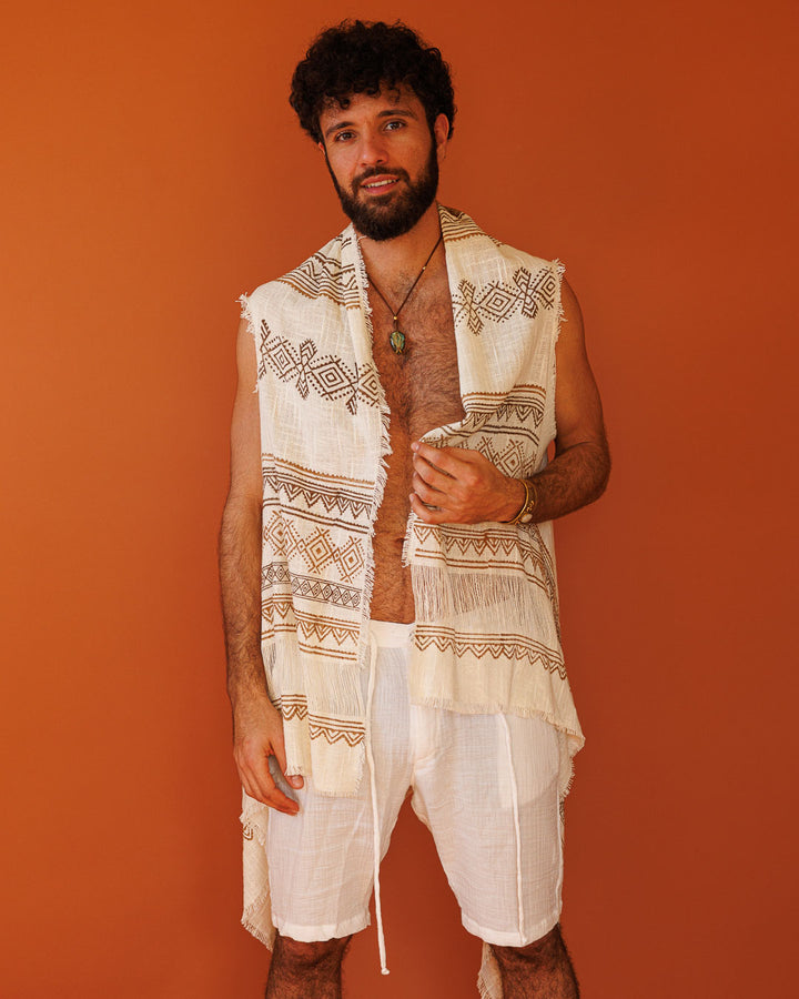 וסט כותנה פרום נטורל, בהדפס חותמות עץ ידני שבטי לגבר