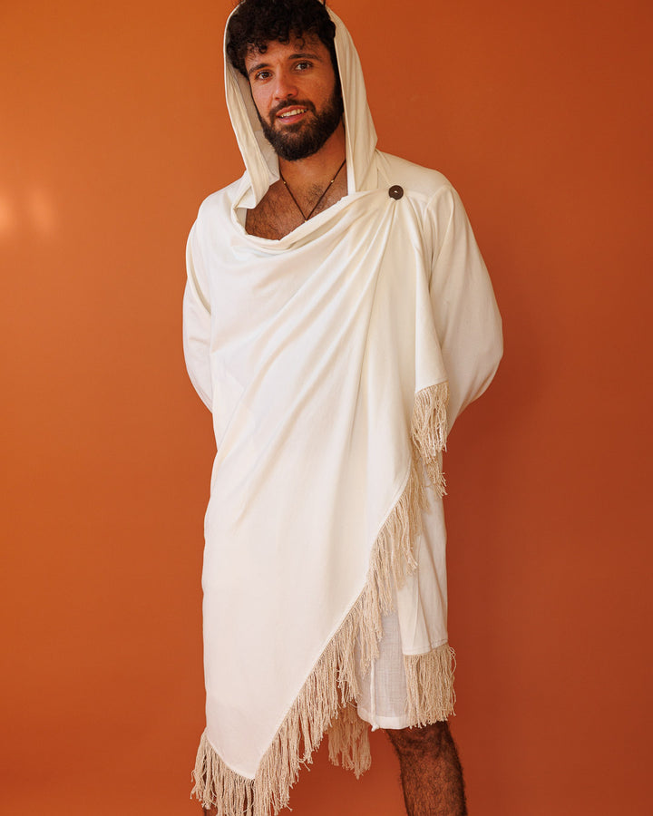 קימונו כותנת ויסקוז לבן עם קפוצון, פרנזים, וכפתור ל1 לסגירת צוואר לגבר