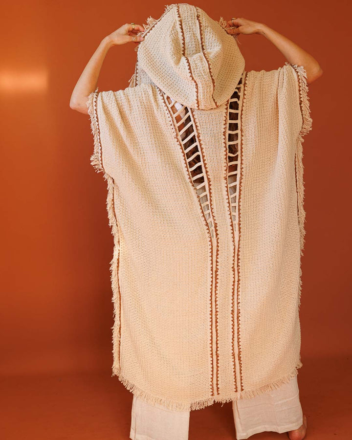 קימונו כותנת פיקה מקסי נטורל, בהדפס בלוק־פרינט ידני (חותמות עץ) לאישה