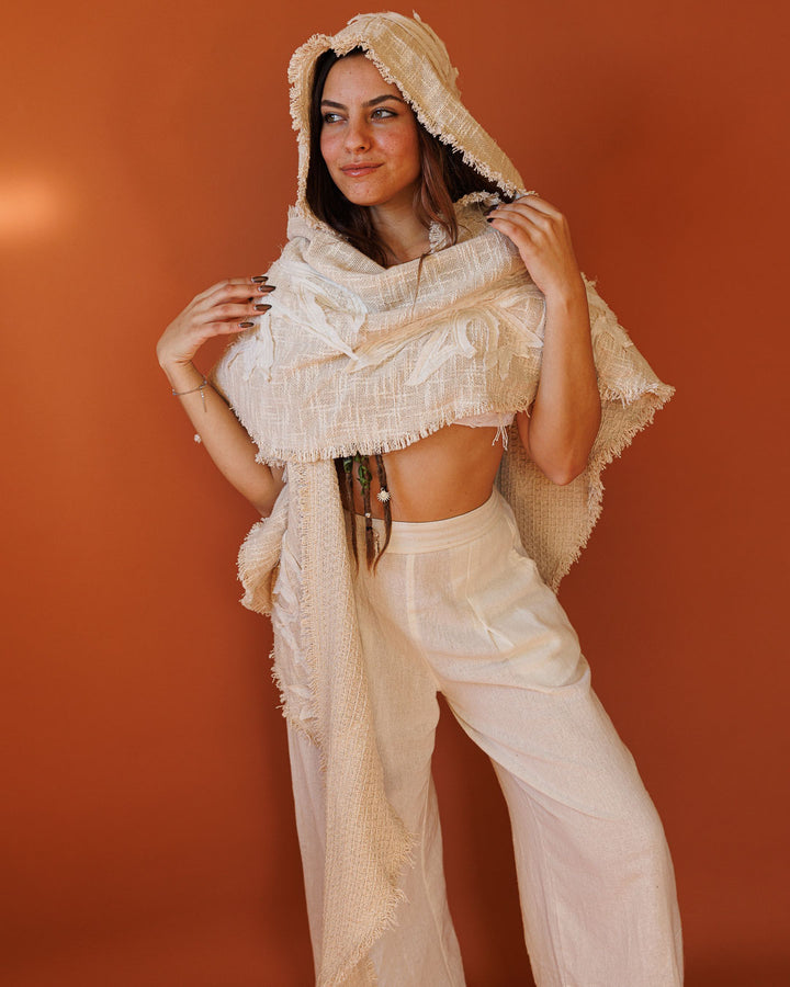 צעיף פיקה נטורל מחמם, 2 שכבות, עם קפוצון בעיטור פסטיבלי מיוחד לאישה