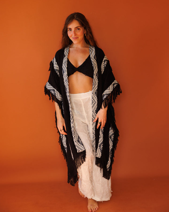 ז'קט פיקה, קימונו חורפי, שבטי בצבע שחור לאישה- בורדר שחור מנצנץ