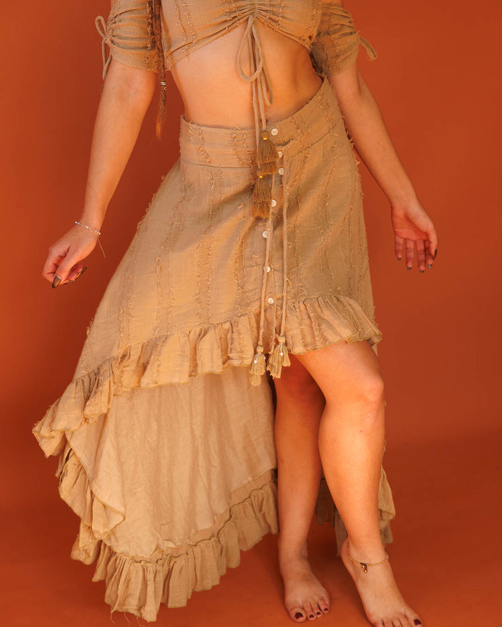 סט: טופ סוכריה עם שרוולים, כותנת פרנזים חאקי + חצאית קצרה מלפנים עם כפתורים, כותנת פרנזים חאקי