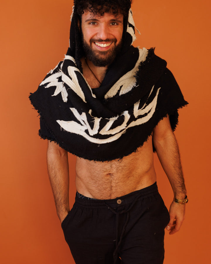 צעיף פיקה שחור מחמם, 2 שכבות, עם קפוצון בעיטור פסטיבלי מיוחד לגבר