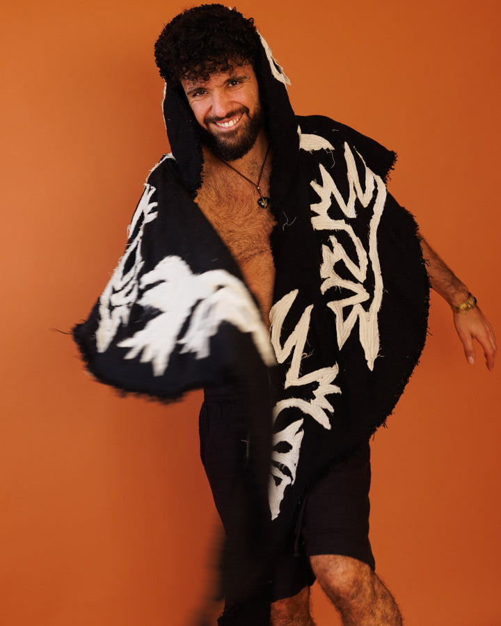 צעיף פיקה שחור מחמם, 2 שכבות, עם קפוצון בעיטור פסטיבלי מיוחד לגבר