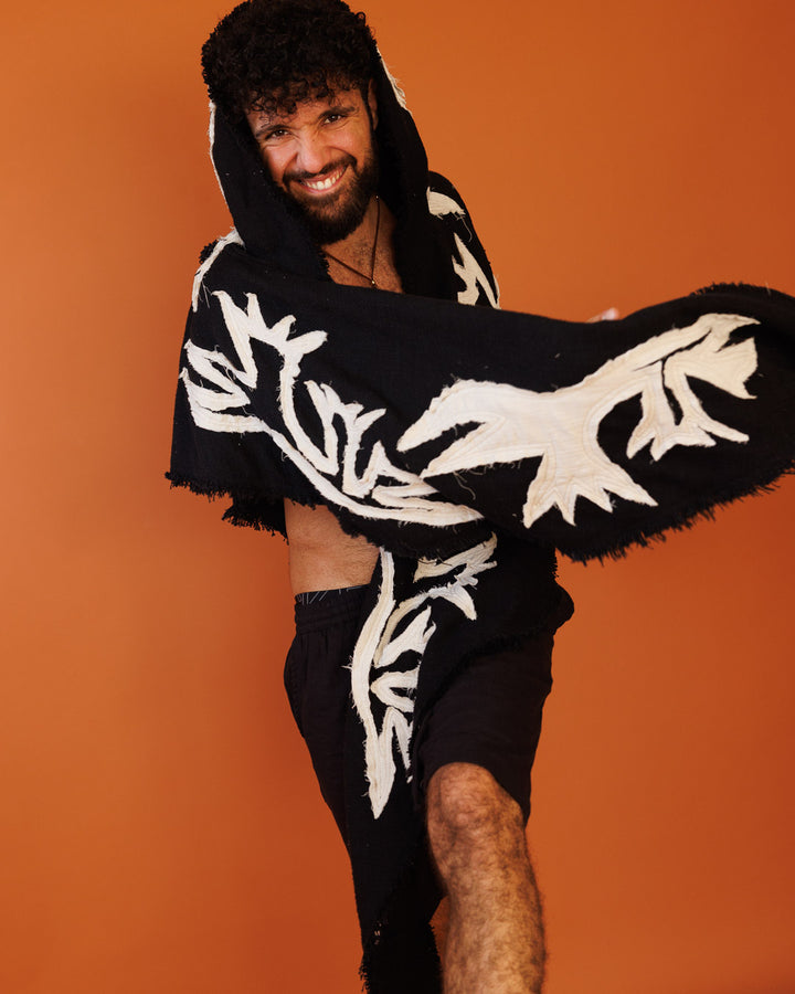 צעיף פיקה שחור מחמם, 2 שכבות, עם קפוצון בעיטור פסטיבלי מיוחד לגבר