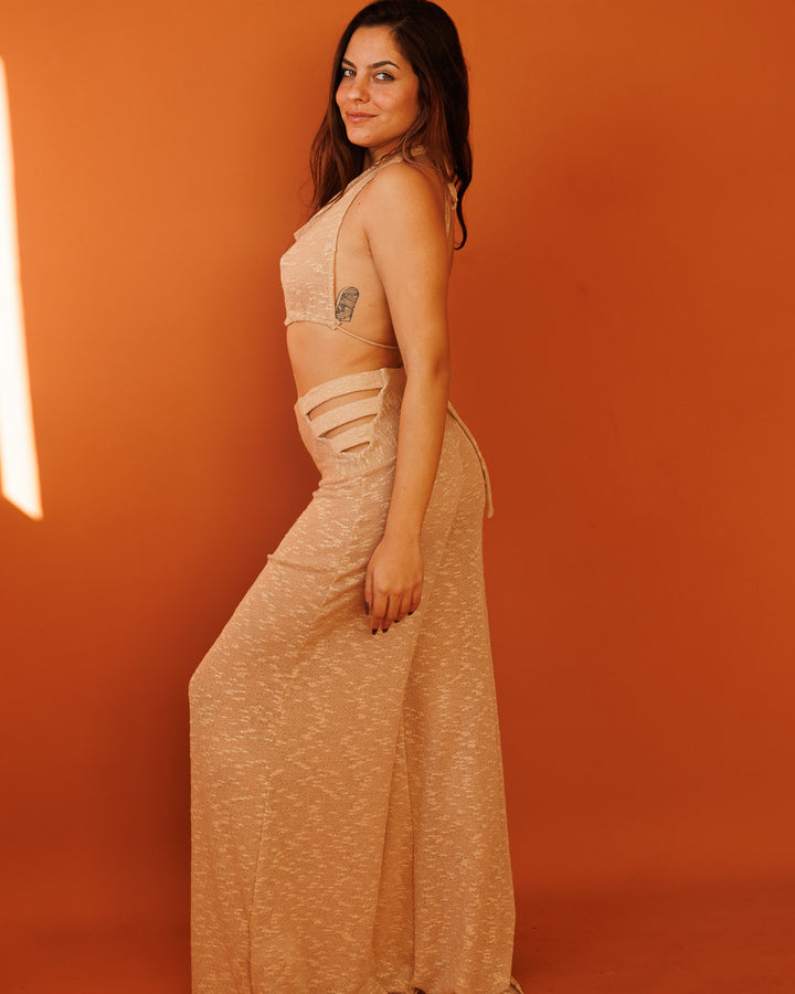 סט כותנת לייקרה ורוד כתמתם שקוף: טופ צווארון נשפך ומכנס ארוך שסעים