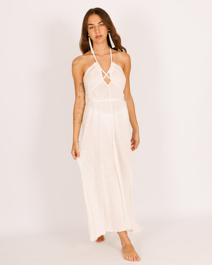 שמלת מקסי לבנה צמות, ללא שרוול