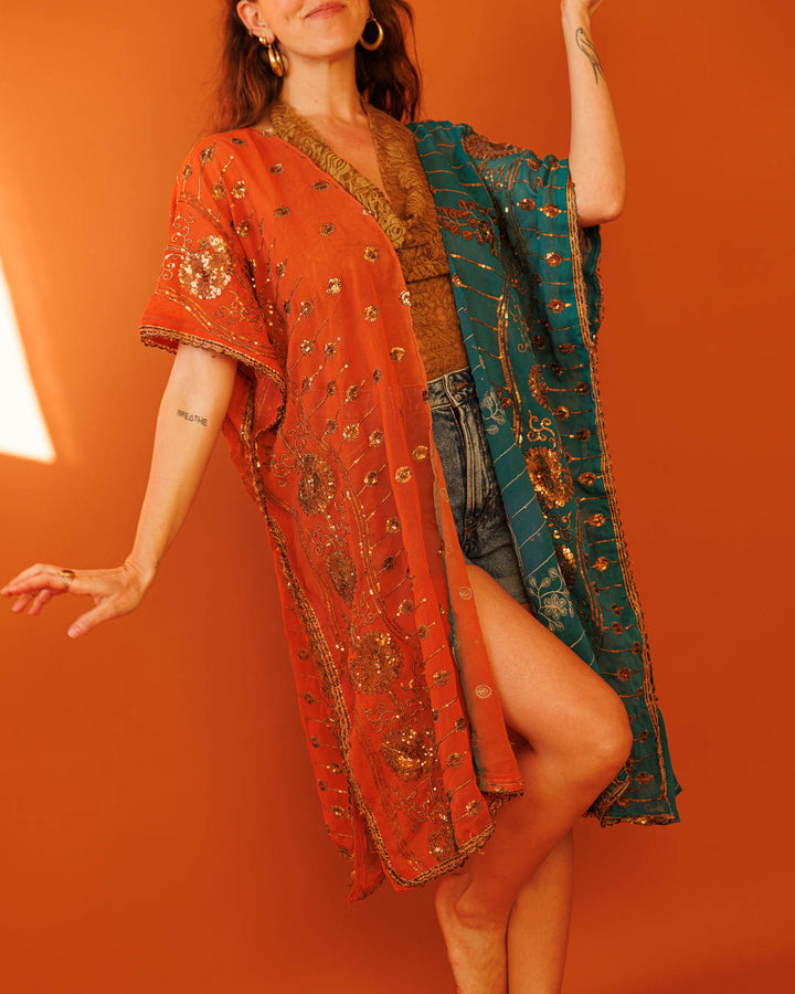 עליונית/ קימונו שיפון, יחיד במינו, חצי טורקיז, חצי כתום לאישה