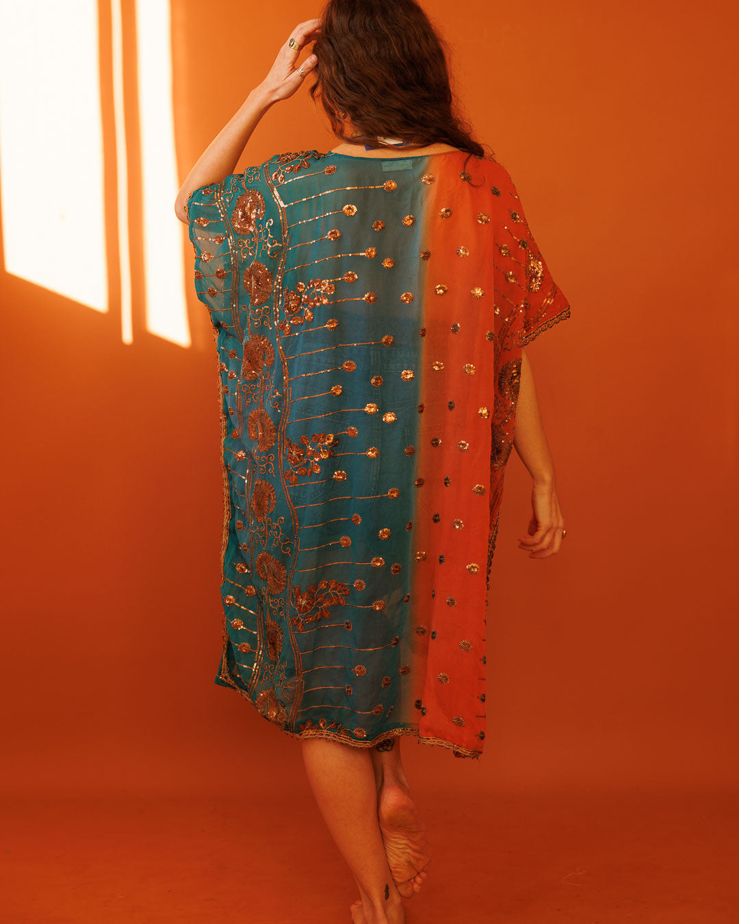 עליונית/ קימונו שיפון, יחיד במינו, חצי טורקיז, חצי כתום לאישה