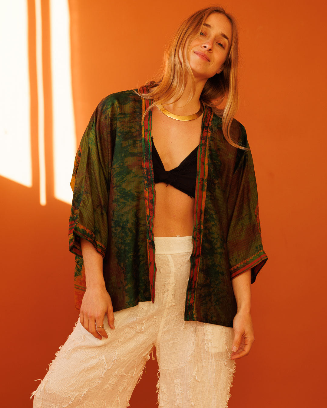 קימונו קצר, יחיד מסוגו, כתום כתמים ירוקים  - טאי דאי