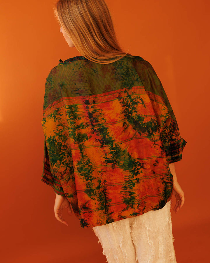 קימונו קצר, יחיד מסוגו, כתום כתמים ירוקים  - טאי דאי