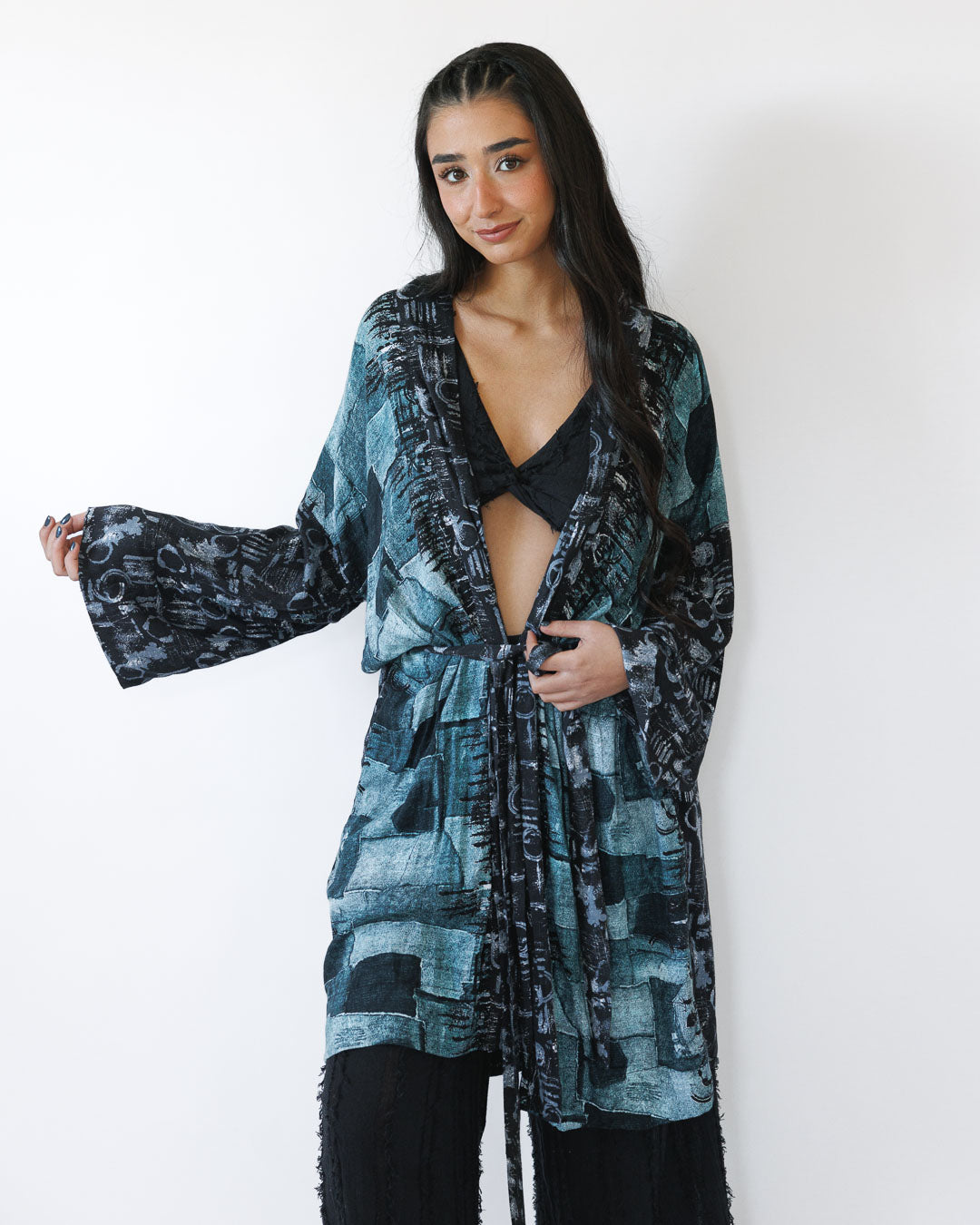 קימונו מקסי ויסקוז סופר רך בהדפס כחול גלקטי לאישה