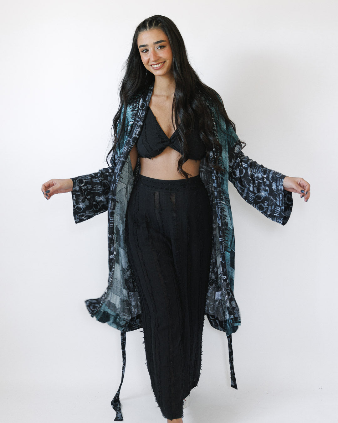 קימונו מקסי ויסקוז סופר רך בהדפס כחול גלקטי לאישה