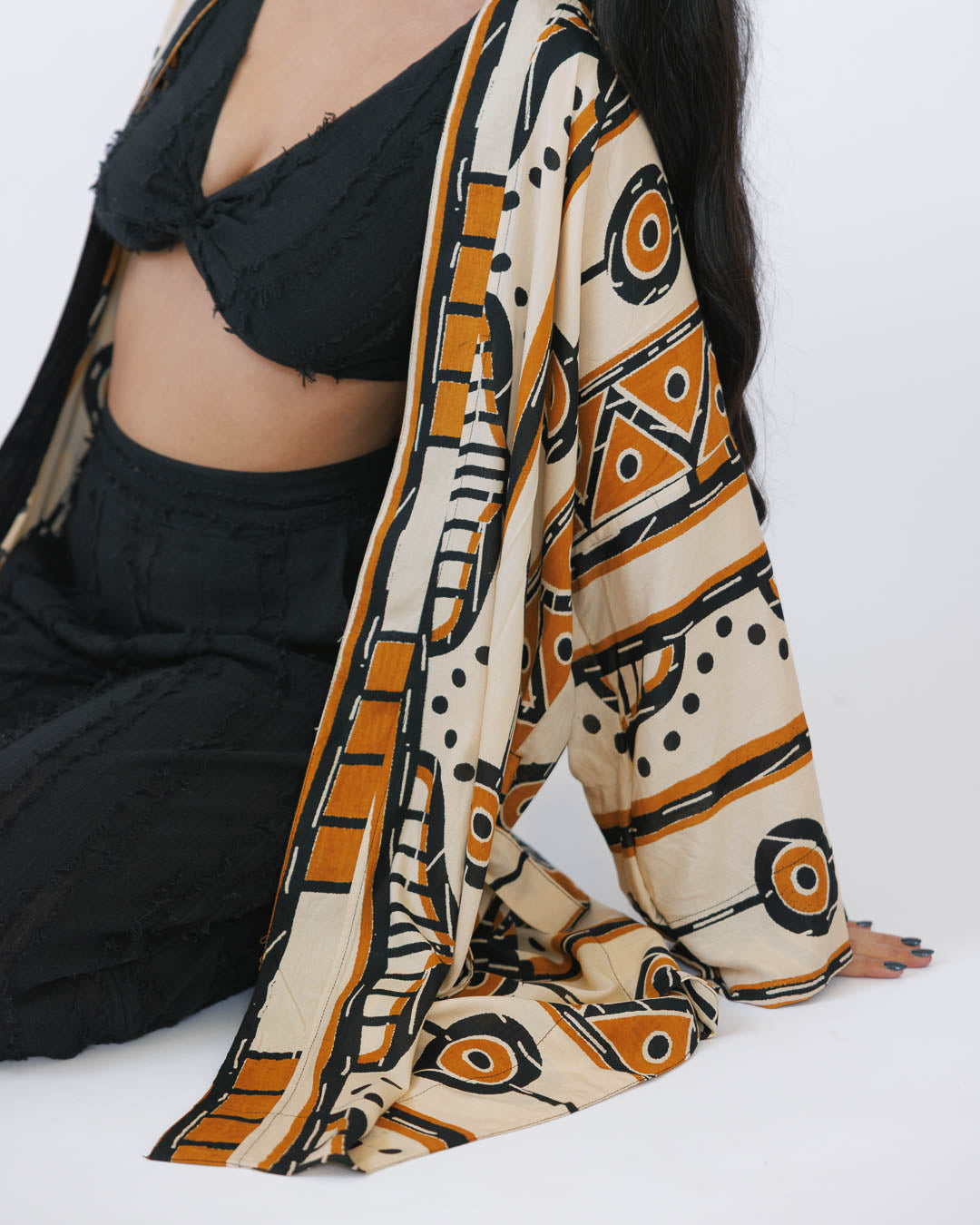 קימונו ויסקוז מידי, שרוול ארוך בהדפס כתום אפריקאי  לאישה