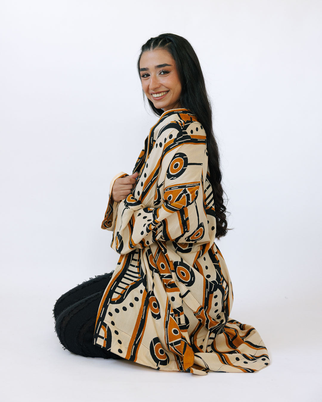 קימונו ויסקוז מידי, שרוול ארוך בהדפס כתום אפריקאי  לאישה