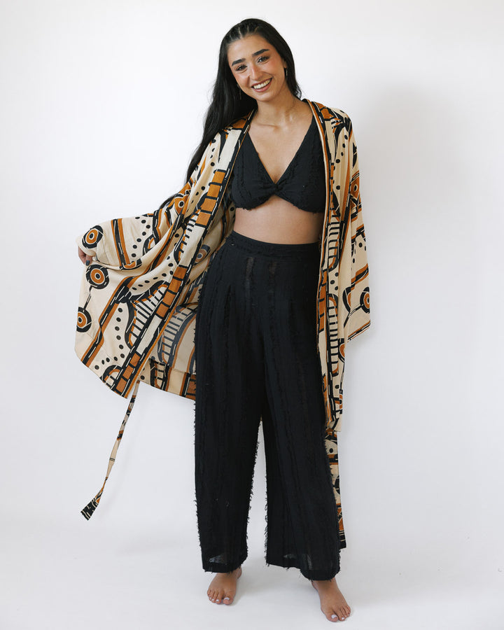 קימונו ויסקוז מידי, שרוול ארוך בהדפס כתום אפריקאי  לאישה