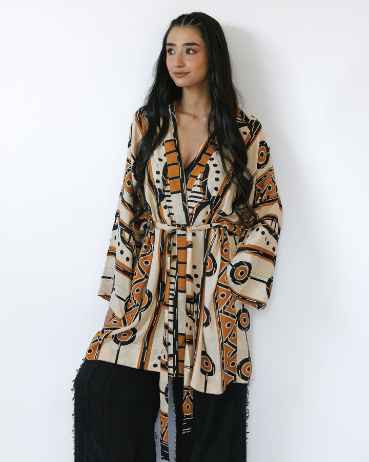 קימונו ויסקוז מידי, שרוול ארוך בהדפס כתום אפריקאי  לאישה