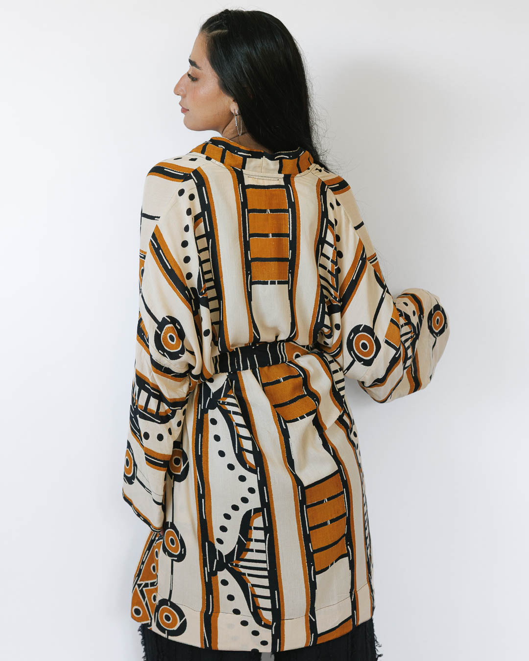 קימונו ויסקוז מידי, שרוול ארוך בהדפס כתום אפריקאי  לאישה