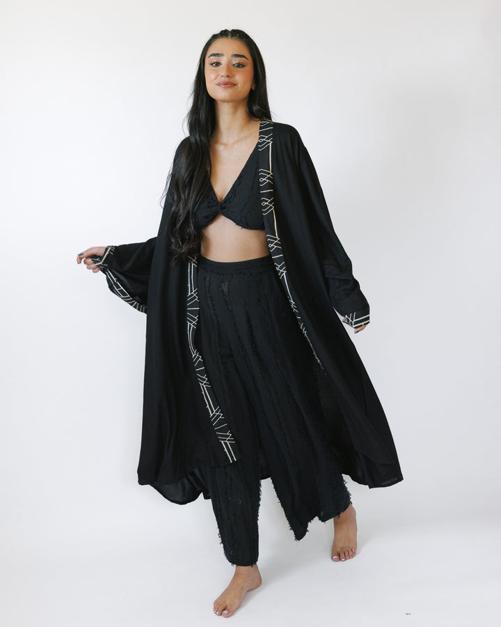 קימונו מקסי, ויסקוז שחור, שרוול ארוך לאישה