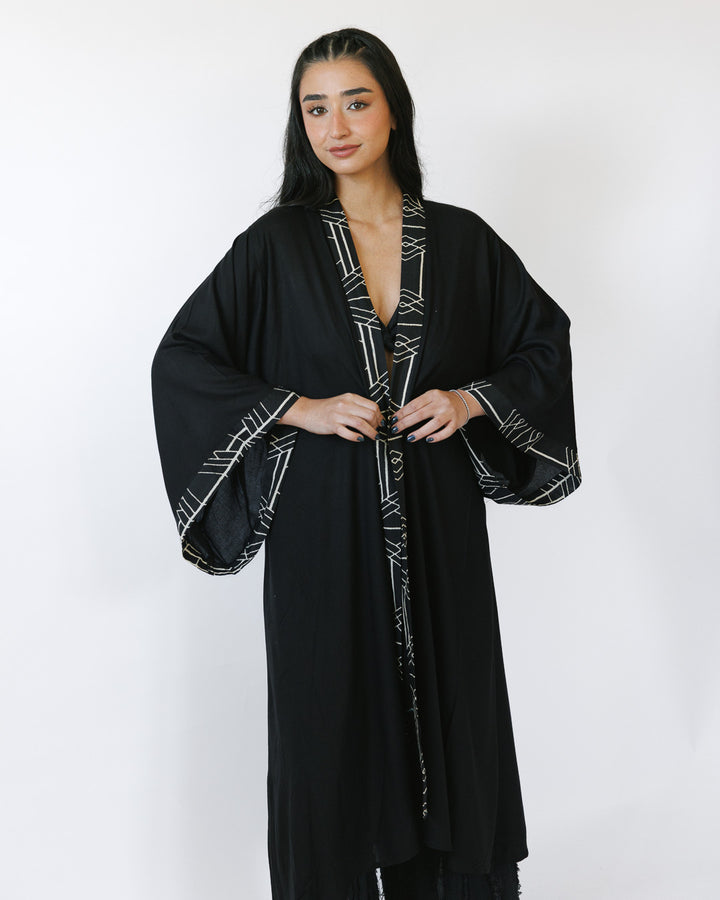 קימונו מקסי, ויסקוז שחור, שרוול ארוך לאישה