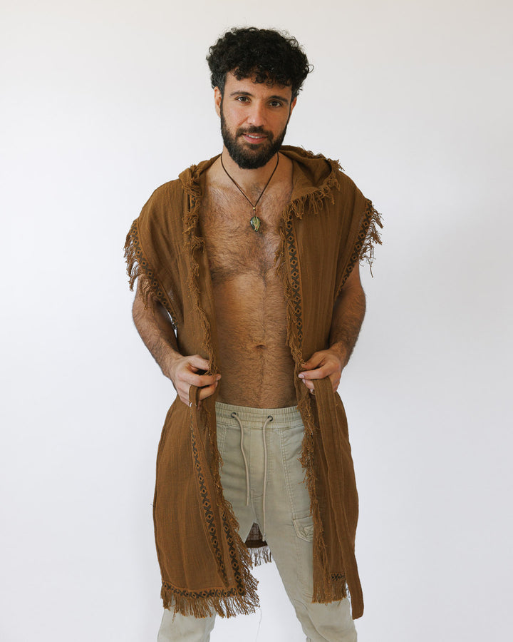 קימונו כותנה דקה קצר, מידי חום, עם קפוצון ועיטור גיאומטרי בשוליים לגבר