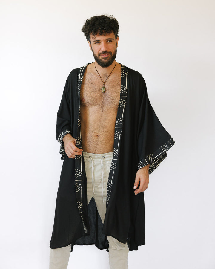 קימונו מקסי, ויסקוז שחור, שרוול ארוך לגבר