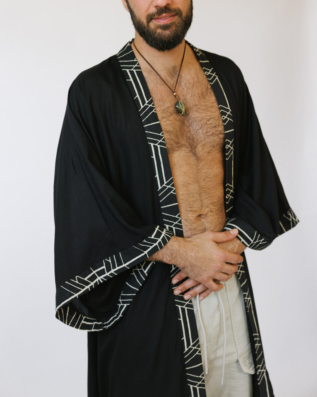 קימונו מקסי, ויסקוז שחור, שרוול ארוך לגבר