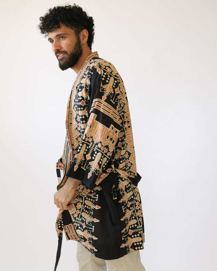 קימונו ויסקוז מידי, שרוול ארוך בהדפס שחור גאומטרי לגבר