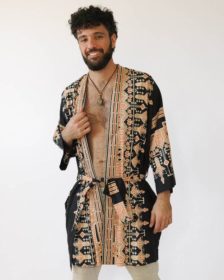 קימונו ויסקוז מידי, שרוול ארוך בהדפס שחור גאומטרי לגבר