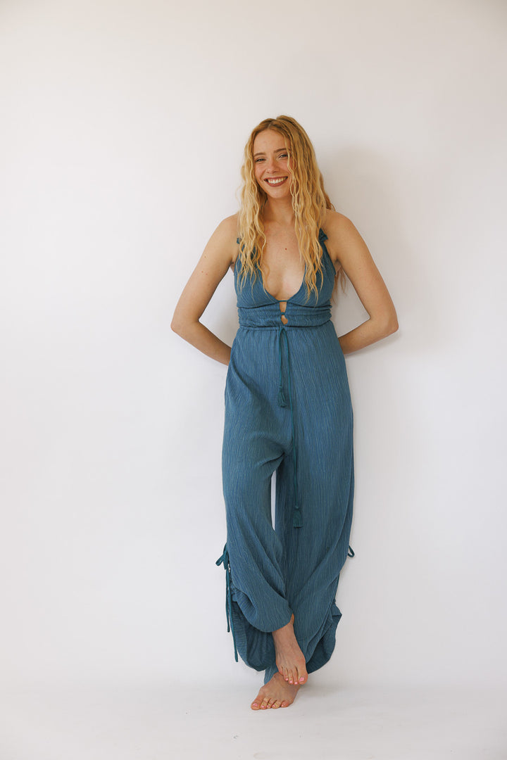 אוברול מכנס ארוך כחול משופשף