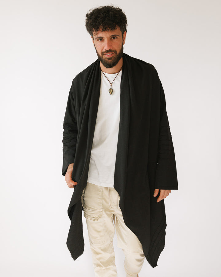 קימונו כותנה שחור עם צווארון שופע, עיטור פסים בקצוות, שרוול וגב לגבר