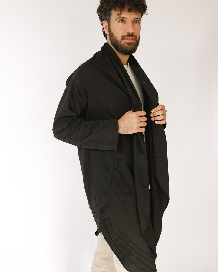 קימונו כותנה שחור עם צווארון שופע, עיטור פסים בקצוות, שרוול וגב לגבר