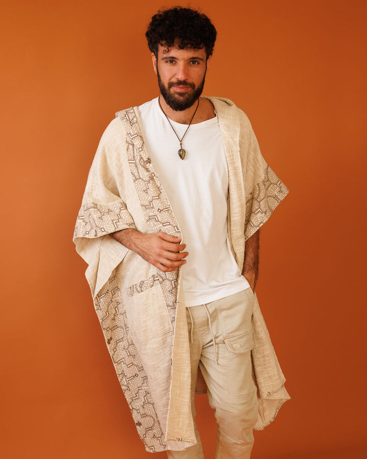 קימונו נטורל שבטי עבה עם קפוצון ועיטור שיפיבו בשוליים לגבר