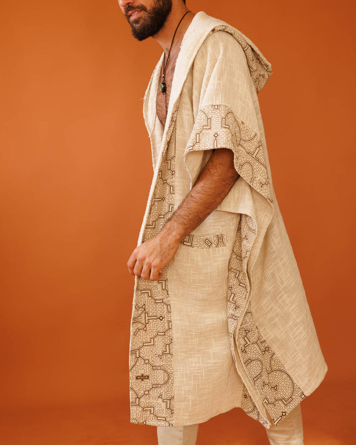 קימונו נטורל שבטי עבה עם קפוצון ועיטור שיפיבו בשוליים לגבר