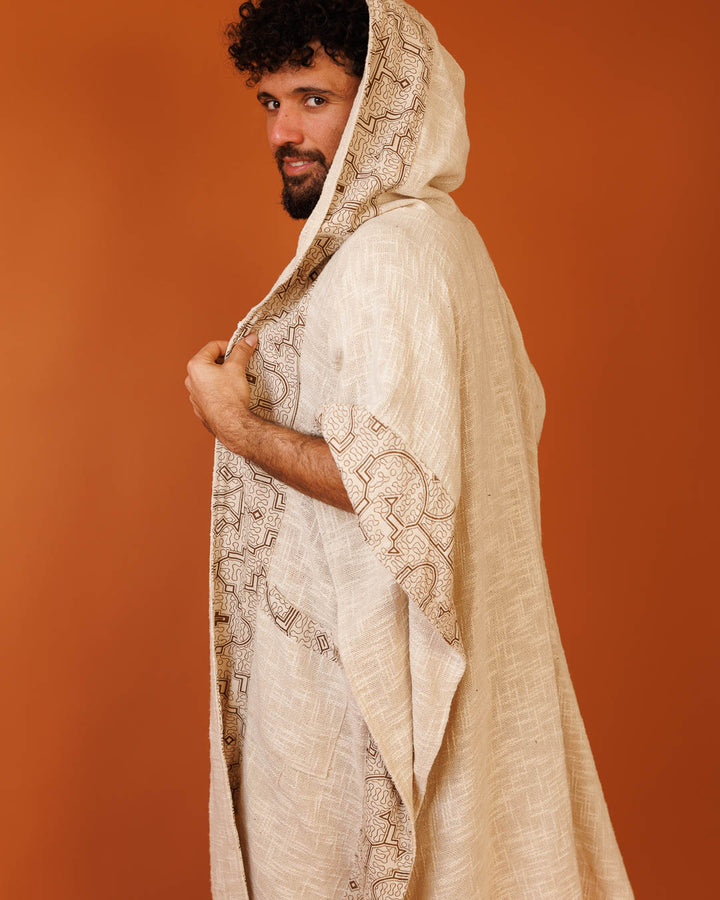 קימונו נטורל שבטי עבה עם קפוצון ועיטור שיפיבו בשוליים לגבר