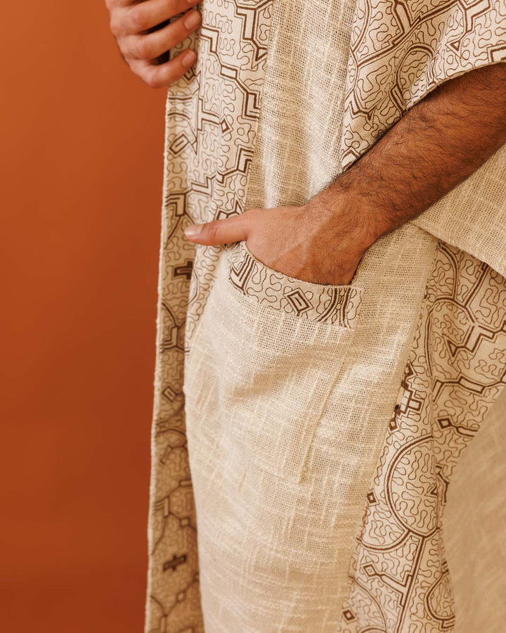 קימונו נטורל שבטי עבה עם קפוצון ועיטור שיפיבו בשוליים לגבר