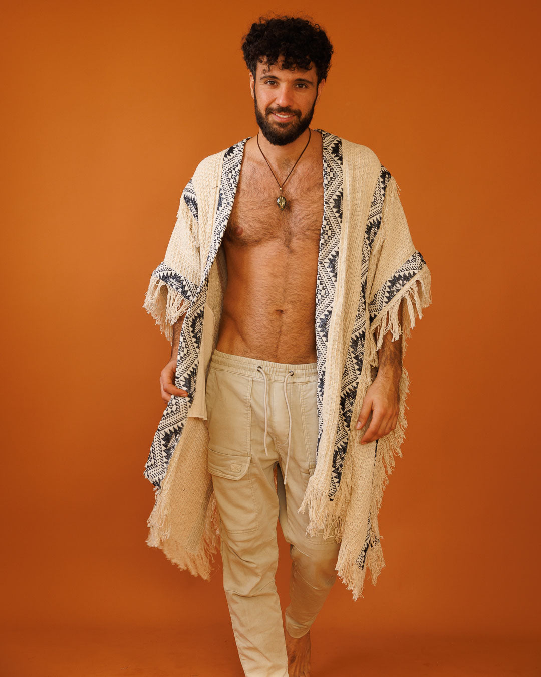 ז'קט פיקה, קימונו חורפי, שבטי בצבע נטורל לגבר - בורדר שחור מנצנץ