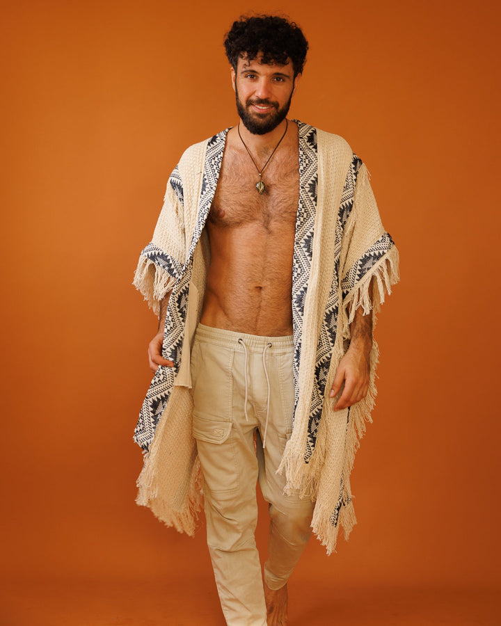 ז'קט פיקה, קימונו חורפי, שבטי בצבע נטורל לגבר - בורדר שחור מנצנץ