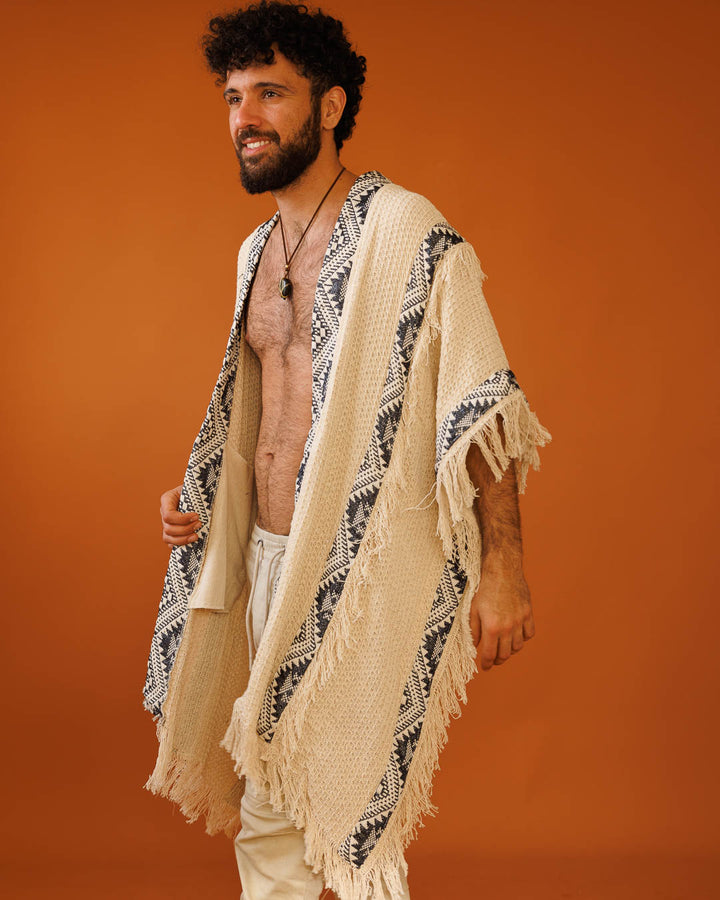 ז'קט פיקה, קימונו חורפי, שבטי בצבע נטורל לגבר - בורדר שחור מנצנץ