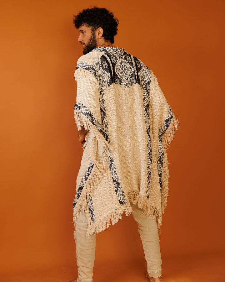 ז'קט פיקה, קימונו חורפי, שבטי בצבע נטורל לגבר - בורדר שחור מנצנץ