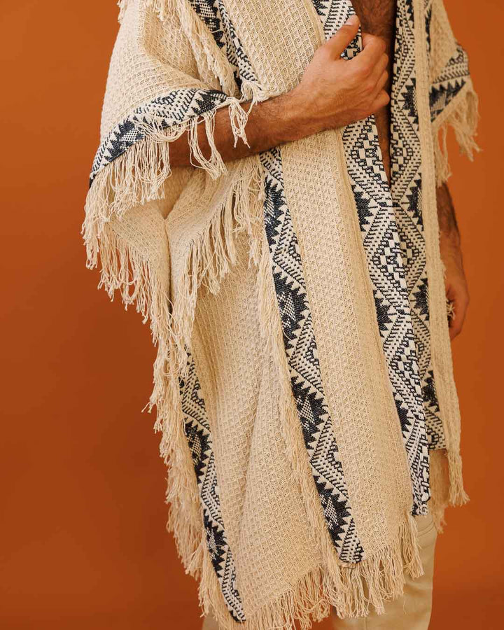 ז'קט פיקה, קימונו חורפי, שבטי בצבע נטורל לגבר - בורדר שחור מנצנץ