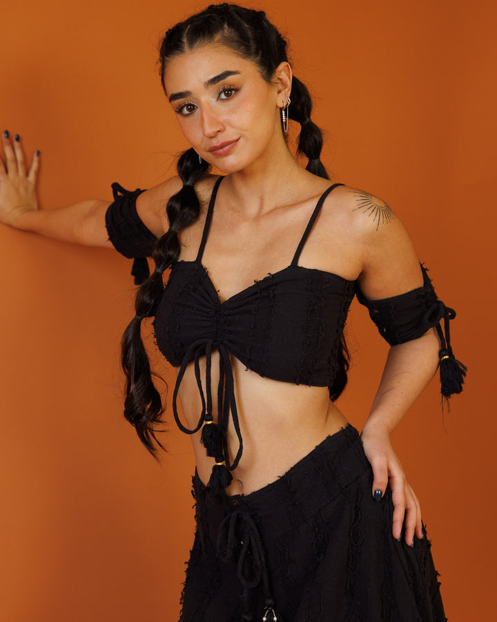 טופ סוכריה עם שרוולים, כותנת פרנזים שחורה