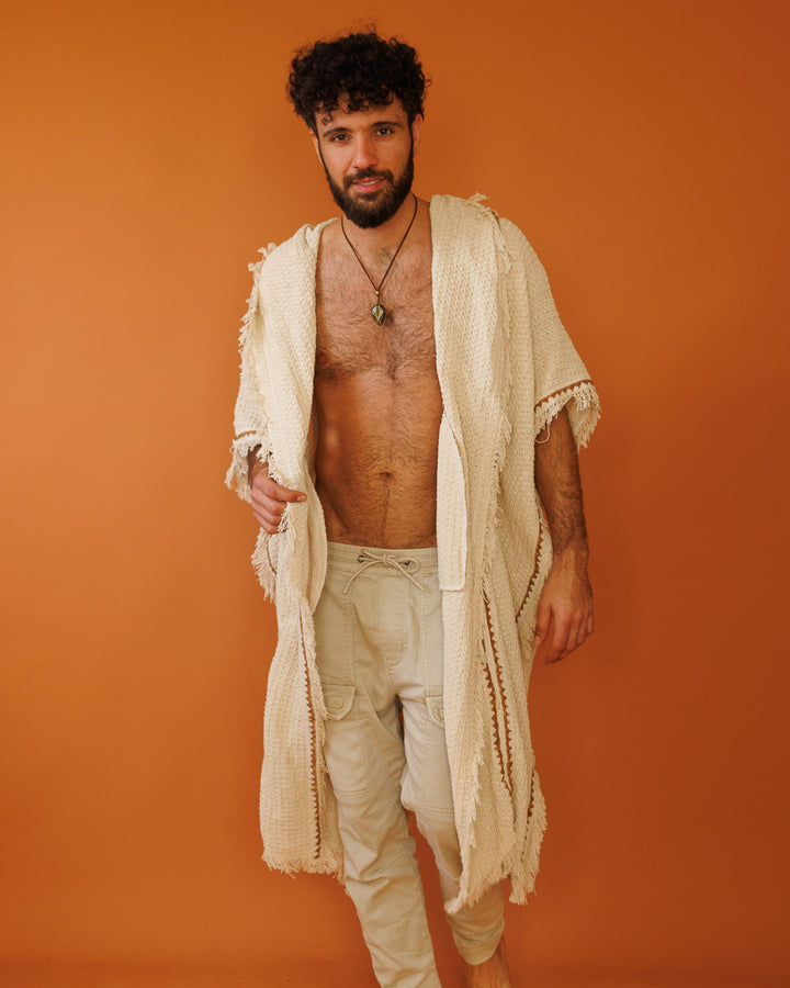 קימונו כותנת פיקה מקסי נטורל, בהדפס בלוק־פרינט ידני (חותמות עץ) לגבר