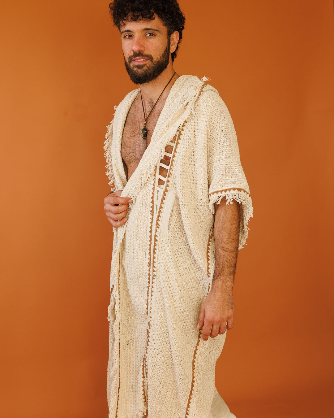 קימונו כותנת פיקה מקסי נטורל, בהדפס בלוק־פרינט ידני (חותמות עץ) לגבר