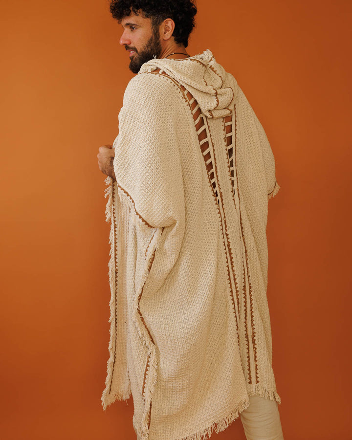 קימונו כותנת פיקה מקסי נטורל, בהדפס בלוק־פרינט ידני (חותמות עץ) לגבר