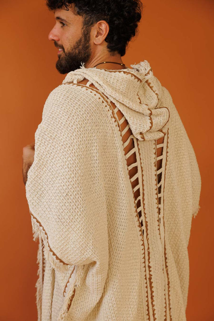 קימונו כותנת פיקה מקסי נטורל, בהדפס בלוק־פרינט ידני (חותמות עץ) לגבר